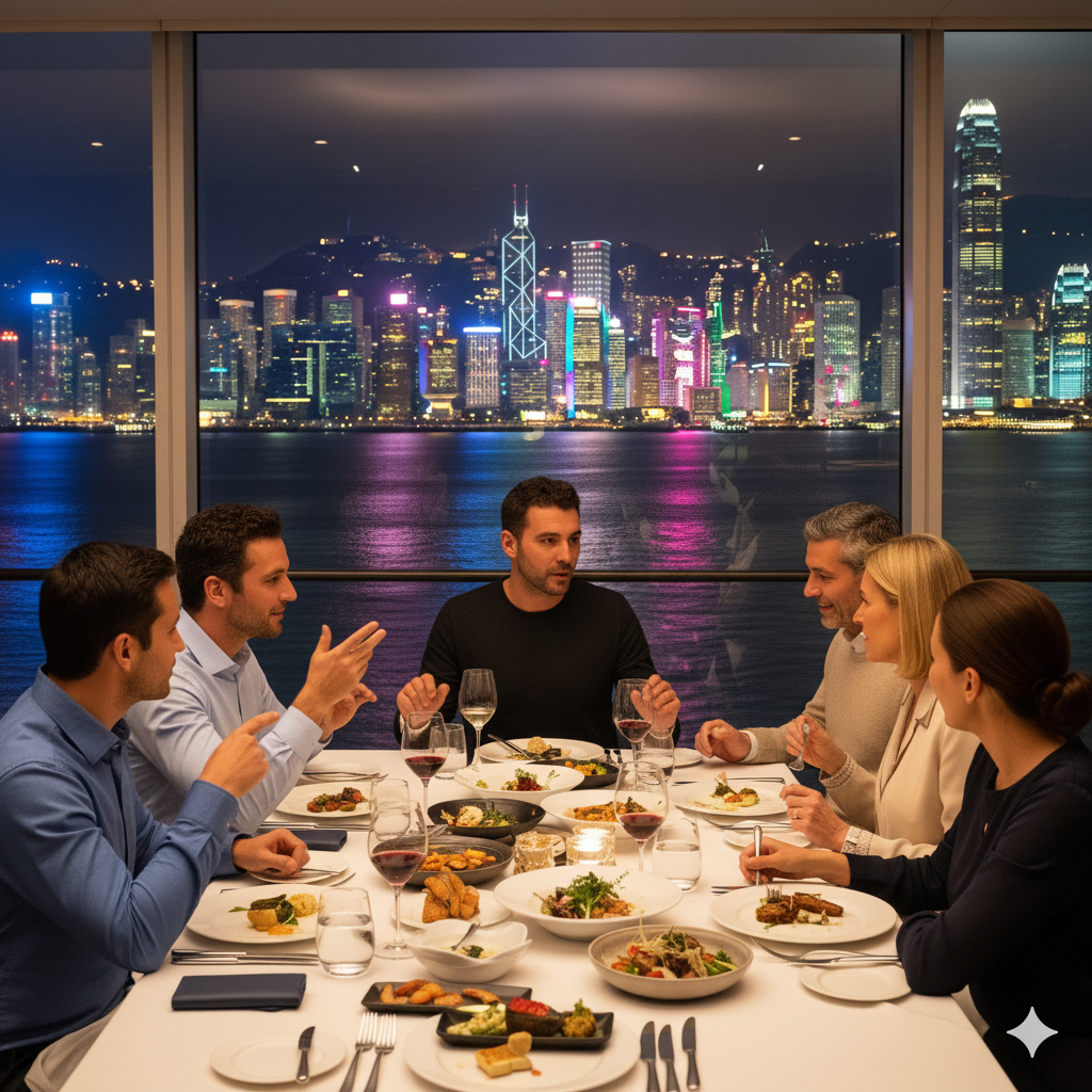 Entrepreneurs dinner in Hong Kong with skyline view